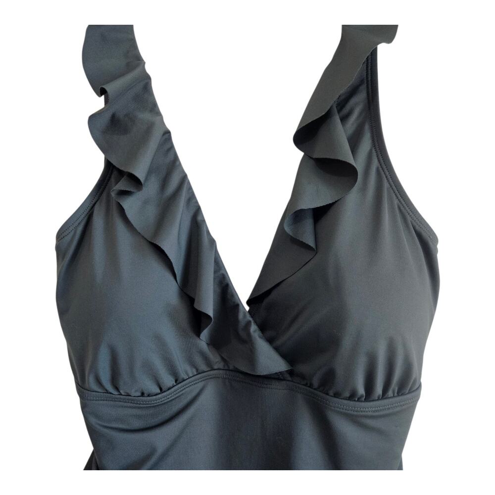 LAUREN RALPH LAUREN Women's 16 Ruffle Surplice Swimsuit 1 Piece Olive Ruched - Picture 2 of 8